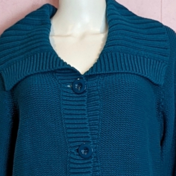 Teal Blue Knitted Volume Sleeve Cardigan Sweater with Collar size XL - Picture 2 of 6